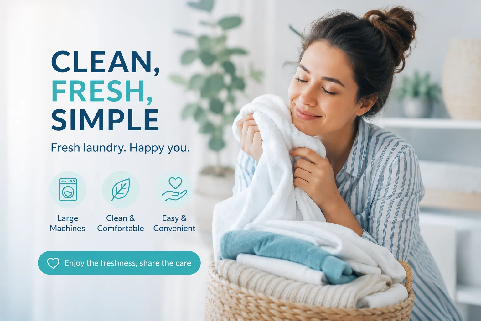 Smiling woman enjoying fresh, clean laundry from Wash World Coin Laundry